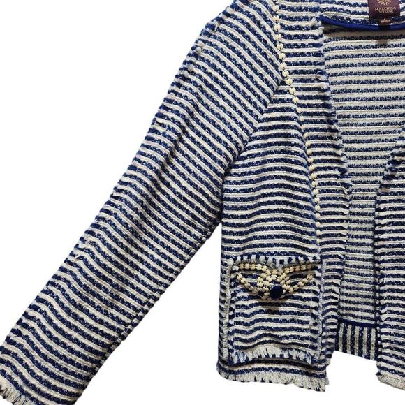Marchesa Voyage open front cardigan jacket blue white stripe beaded pocket sz 4 - Picture 2 of 7
